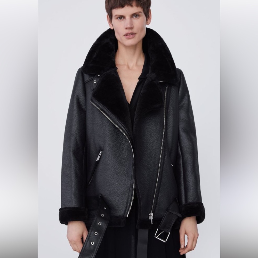 Zara Black Faux Shearling Biker Jacket